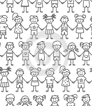 Seamless pattern of funny kids holding hands. Friendship concept. Happy cute doodle children