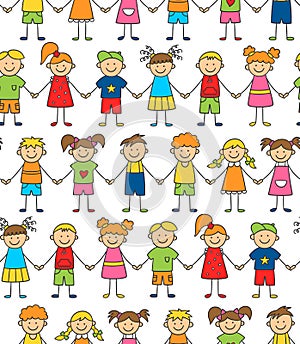 Seamless pattern of funny kids holding hands. Friendship concept. Happy cute doodle children