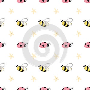 Seamless pattern with funny ladybug bee flowers Cute Background cartoon insects. Colorful hand drawn print