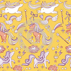 Seamless pattern with funny magic elements. Unicorn, wizard and miracle. Vector background