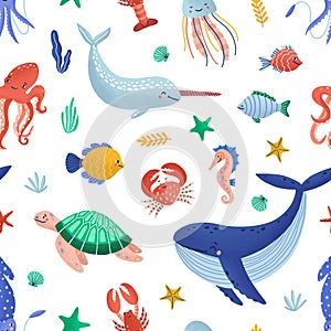 Seamless pattern with funny marine animals or underwater creatures living in ocean. Seabed fauna on white background