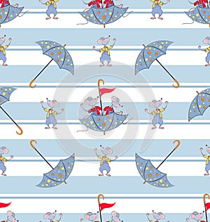 Seamless pattern. Funny mice and umbrellas.