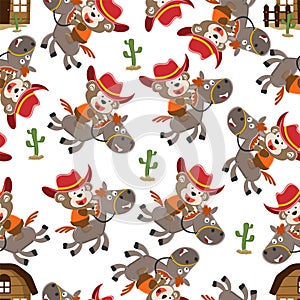 Seamless pattern of funny monkey the cowboy riding a brown horse in the desert, T-Shirt Design for children. Vector childish