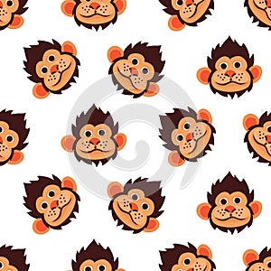 Seamless pattern with funny monkey face. Vector illustration of a tropical animal on a white background. Children's