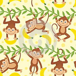 Seamless pattern with funny monkey hanging from liana