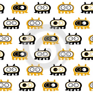 Seamless pattern of funny monsters and aliens. Background with terrible characters happy Halloween. Hand drawn vector