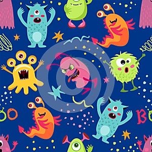 Seamless pattern with funny monsters. Cute cartoon creatures on dark background. Texture for kids apparel, fabric