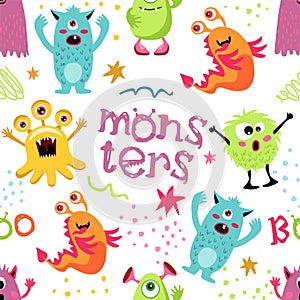 Seamless pattern with funny monsters. Cute cartoon creatures on white background. Texture for kids apparel, fabric