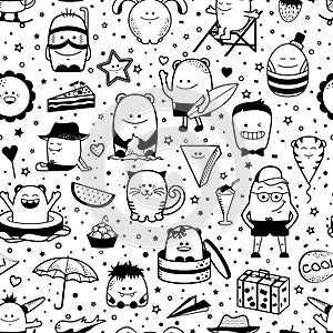 Seamless pattern. Funny monsters, personage. Hand drawn cartoon animals