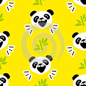 Seamless pattern with funny panda and bamboo on yellow background. Vector