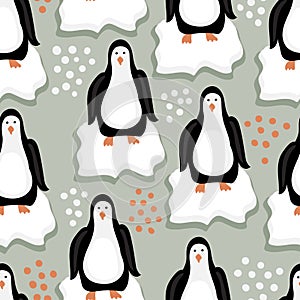 Seamless Pattern with Funny Penguins on Ice Floes