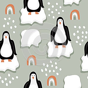 Seamless Pattern with Funny Penguins on Ice Floes