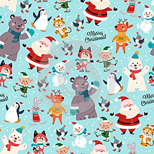 Seamless pattern with funny polar bear, penguin, deer, fox, snowman, Santa Claus, elf characters in hats.