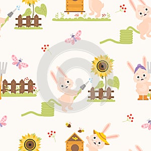 Seamless pattern with funny rabbits. cute bunny farmer with pitchfork near fence, watering sunflower from hose and beekeeper with