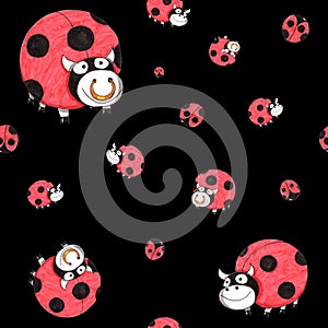 Seamless pattern with funny red and black dots cows look like ladybugs