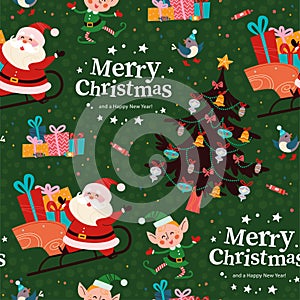 Seamless pattern with funny Santa Claus and elf characters, gifts, fir tree, text congratulation.