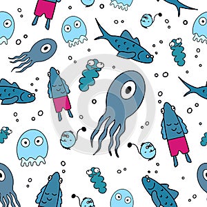 Seamless pattern Funny sea creatures. Fish in pink panties. Medusa with a funny look. One eyed Octopus. Good for