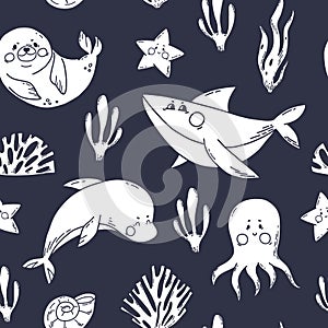 Seamless Pattern with funny shark, seal, dolphin and octopus. Vector illustration on black background with sea animals