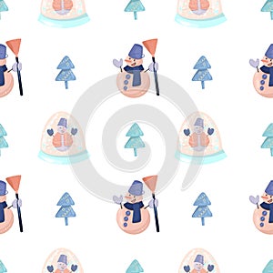 Seamless pattern with funny snowman with a broom, simple Christmas trees and snow glass globe