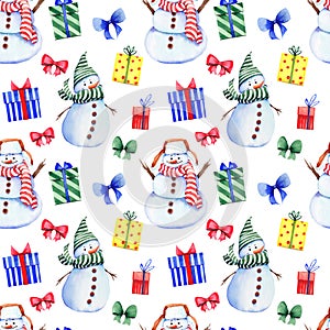 Seamless pattern with funny snowmen and gift boxes.