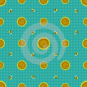 Seamless pattern with funny sunflowers and bees. Decorative smiling plants