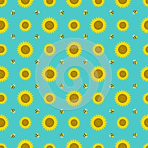 Seamless pattern with funny sunflowers with bees. Decorative smiling plants. Vector