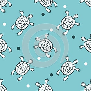 Seamless pattern of funny turtle on a blue background. Polka dots and Doodle reptiles. Hand-drawn background for fabric, textiles