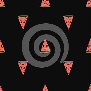 Seamless pattern with the funny watermelon slices with eyes and smile. Vector illustration in cartoon style