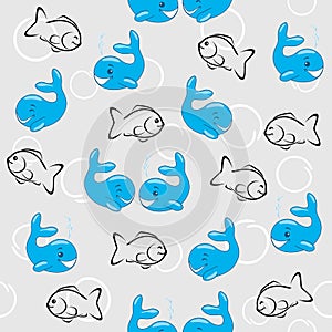 Seamless pattern with funny whales and fish