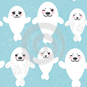 Seamless pattern Funny white fur seal pups, cute