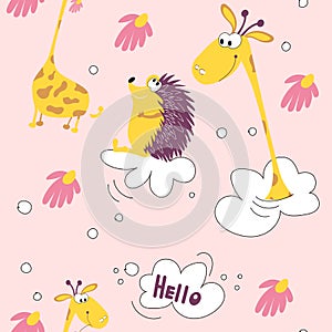 Seamless pattern funny yellow giraffe and kind hedgehog flying on clouds. Giraffe head, Daisy, pink background suitable for images