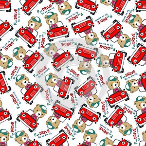 Seamless pattern of funy bear driving the blue car. Can be used for t-shirt print, Creative vector childish background for fabric