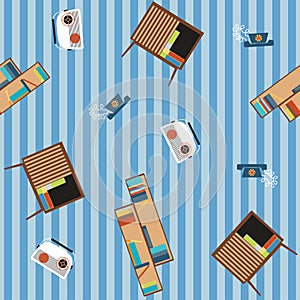 Seamless pattern of furniture and household appliances 70s.