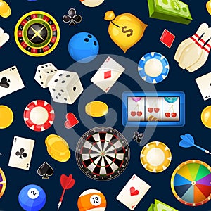 Seamless pattern with gambling and other casino entertainments. Poker, dice vector illustrations