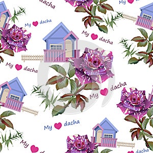 Seamless pattern of garden house, Abracadabra roses and text. My favorite dacha.