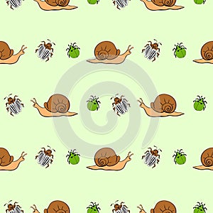 Seamless pattern with garden pests, insects: snails, Colorado Potato beetle, bugs, aphids. Topic of gardening, nature