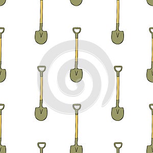 Seamless pattern with garden shovels, spades, scoops. Vector backgrounds and textures with tools for working on the farm, in dacha