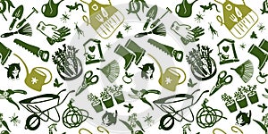 Seamless pattern with garden tools in cartoon style. Vector set of garden equipment. Gardening Set of icons