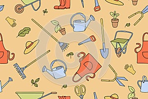 Seamless pattern of garden tools in doodle style. Watering can, hoe, bucket, hose, pitchfork, shovel, wheelbarrow