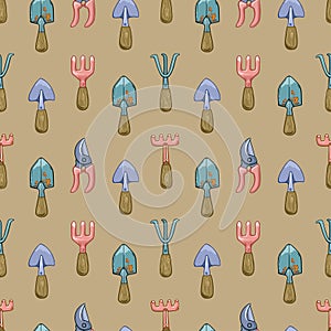 Seamless pattern with garden tools: shovels, rakes, pruning shears on a beige background.