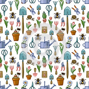 Seamless pattern with garden tools, tulips, flowers in pots, watering cans, scissors, bees.
