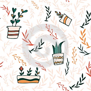 Seamless pattern. Gardening hand drawn plants in pots and leaves