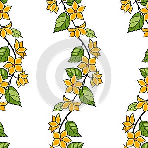 Seamless pattern with a garland of decorative flowering branches with yellow flowers, foliage.