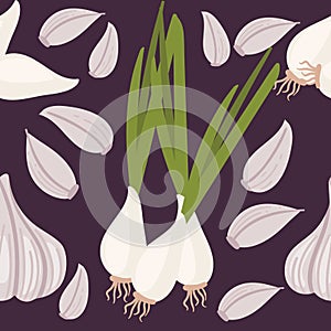 Seamless pattern of garlic with green stem spicy edible root vector illustration on dark background