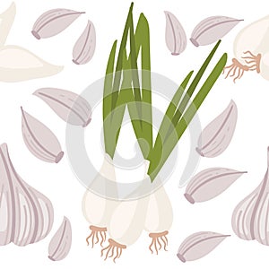 Seamless pattern of garlic with green stem spicy edible root vector illustration on white background