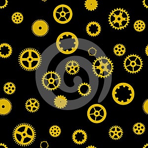 Seamless pattern with gear. Golden gears on a black background. Vector