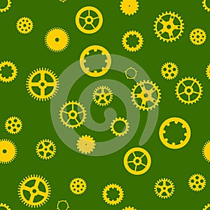 Seamless pattern with gear. Golden gears on a green background. Vector