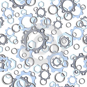 Seamless pattern of gear wheels and hexagon nuts. Abstract metal elements on white background. Steampunk style. Flat cartoon