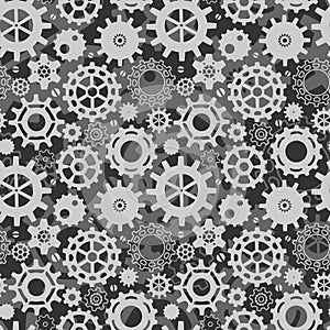 Seamless pattern with gears in the steampunk style. Three-dimensional background. Light grey and dark details on a black