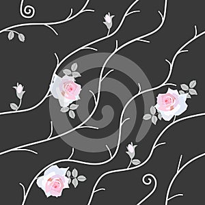 Seamless pattern with gentle light pink roses, little buds and abstract white branches isolated on black background in vector.